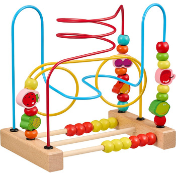 Дерев'яний іграшковий лабіринт з намистин з фруктовими елементами та штовхачем для намистин. Дитяча іграшка 6 місяців