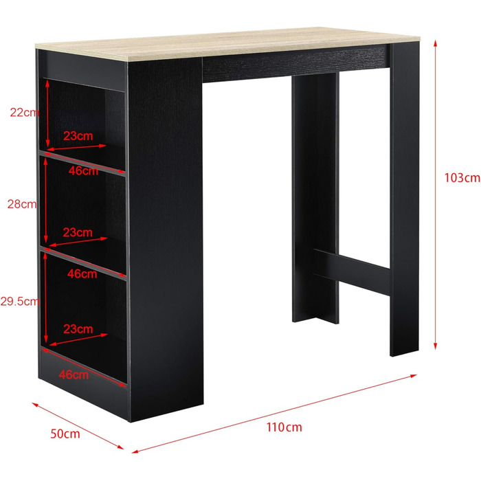 Барний стіл Kouvola, стіл для бістро, обідній стіл, 110 x 50 x 103 см, кухонний стіл, кухонна стільниця з 3 полицями, стіл, барна стійка для їдальні, вітальні, кухні, чорний/дубовий колір