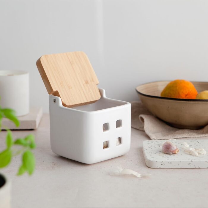 Банка для часнику - Керамічна з бамбуковою кришкою - Зберігання часнику з вентиляційними отворами для оптимального збереження - Часниковий горщик 11,5 x 11,5 x 11,5 см (Білий) Банка для часнику Білий
