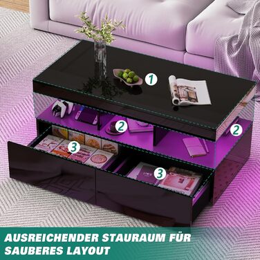 Глянцевий журнальний столик зі світлодіодним освітленням, сучасний журнальний столик для вітальні, чорний журнальний столик з відкритою полицею та 2 шухлядами, прямокутний журнальний столик для вітальні, 104x53x46 см