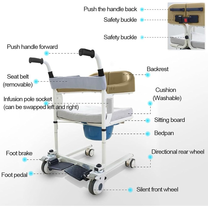 Підйомне крісло для перенесення пацієнтів, регульована підйомна ванна Мобільний комод інвалідний візок, підйомник для інвалідів, з м'яким сидінням, підстилка, для реабілітації в будинку престарілих, коричнево-коричневий