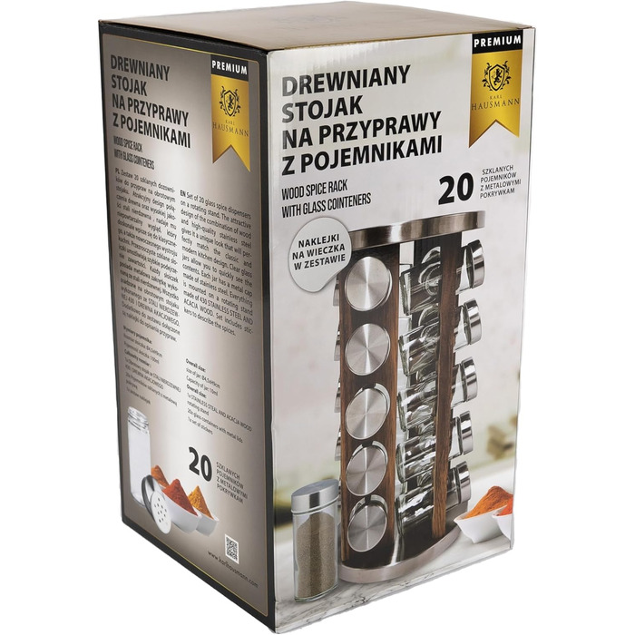 Обертова карусель для спецій з 20 баночками для спецій - Кругла карусельна підставка для спецій - Органайзер для спецій - Підставка для спецій з нержавіючої сталі та дерева - Обертова карусель для спецій - Дерев&39яна підставка для спецій 20 x 20 x 31 см