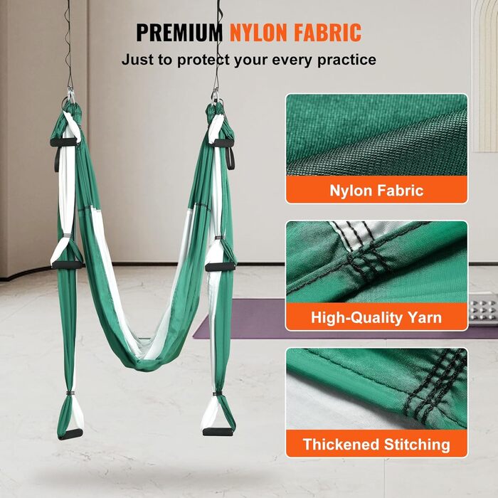 Гамак для аеро-йоги VEVOR Aerial Yoga Hammock, повітряна гойдалка (зелено-білий), макс. навантаження 300 кг (2,5x1,5 м)