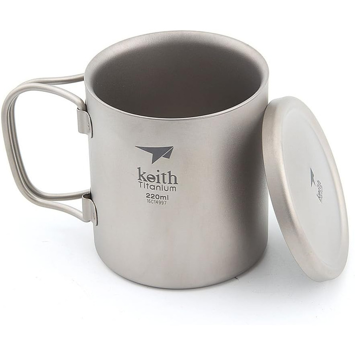 Мл-600 мл Двостінна титанова ізольована кружка з титановою кришкою, чашка для води, складна ручка, посуд для кемпінгу на свіжому повітрі, подорожей, столові прибори Ti3351-220 мл, 220
