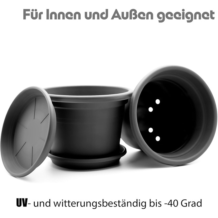 Набір із 4 круглих квіткових горщиків з блюдцями BigDean, ø 40 см, антрацит всепогодні кашпо, зроблені в Європі, антрацит, ø 40 см