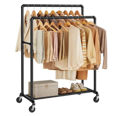 Вішалка для одягу SONGMICS, Штанга для одягу, Гардеробна підставка з 2 шт. ангами для одягу та полицею, Колеса, Вантажопідйомність до 110 кг, Промисловий дизайн, для спальні, Гардеробної, Чорний HSR60B Чорна одинарна рейка