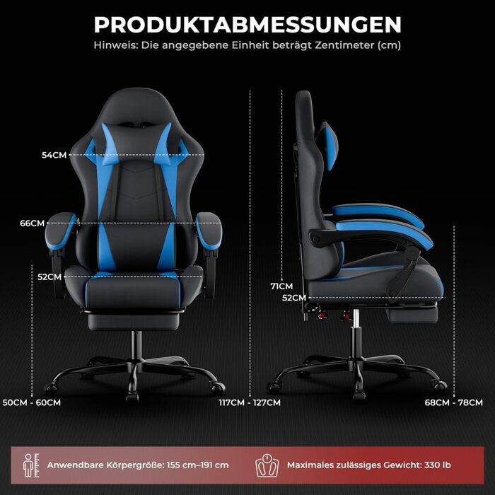 Безбрендове ігрове крісло ергономічне з регульованою висотою з підголівником, поперековою подушкою, обертове крісло для офісу, домашнього офісу, ПК, для дорослих та підлітків (чорний синій ПВХ), 0I&I0I