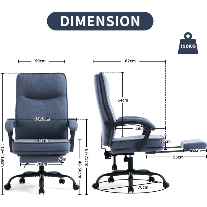 Ергономічне офісне крісло з функцією відкидання спинки, підставка для ніг, крісло з можливістю нахилу 90-135, синхронізовані підлокітники, вантажопідйомність до 150 кг, крісло керівника з високою спинкою, широке сидіння, тканина, темно-синя тканина