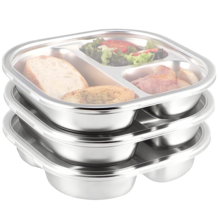 Набір з 3 нержавіючих тарілок з розділеннями та кришками, маленькі 3-секційні підноси для їжі, порційний контроль для дієти, шкільних обідів, домашньої їжі, пікніків та походів