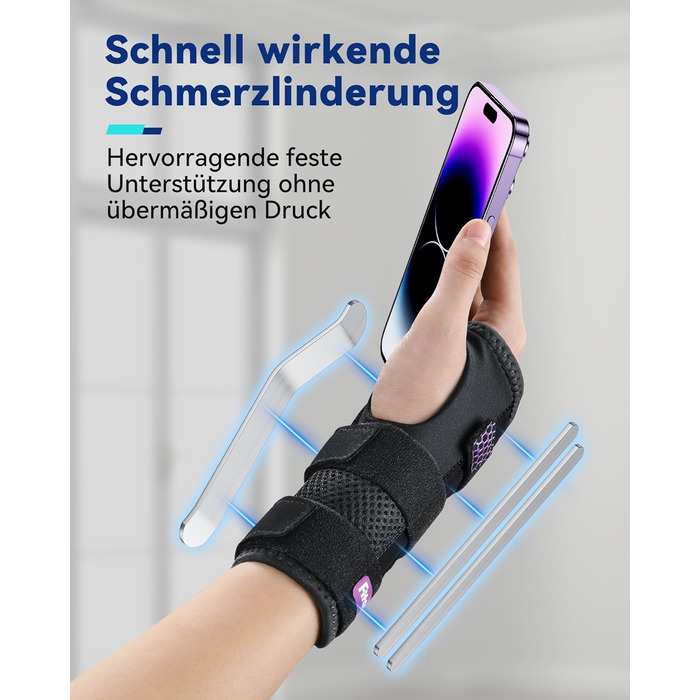 Бандажі на зап'ястя Fitomo з 3 металевими шинами та м'яким відкриттям великого пальця, бандаж на зап'ястя при артриті зап'ястного каналу, розтягнення зв'язок теносиновіту, бандаж на зап'ястя для нічного сну S/M Right-Purple