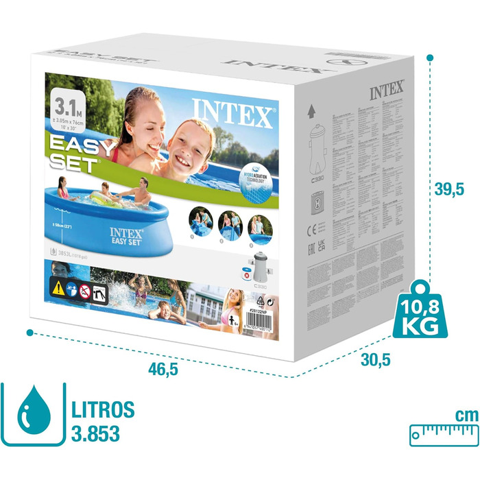 Круглий наземний басейн Easy Set, фільтрувальний насос 1250 л/год, 3853 л, ПВХ, синій, 305x76 см Ø 305 x 76 см, одинарний, 28122NP