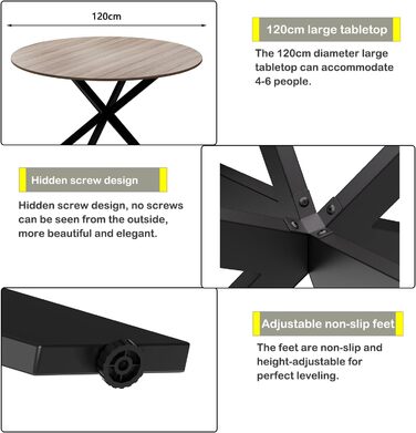 Круглий обідній стіл MSFE, круглий кухонний стіл 120 см, дерев&39яний кухонний стіл, ретро-індустріальний обідній стіл з чорними металевими ніжками та оздобленням з натурального горіха, лише 1 круглий стіл