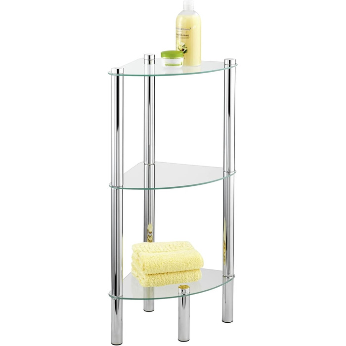 Кутова полиця WENKO Модель Yago з 3 скляними полицями, Кутова полиця для ванної кімнати з нержавіючої сталі та скла, 30 x 74 x 30 см, Компактне сховище для ванної кімнати, 3 яруси