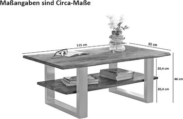 Журнальний столик SAM B-класу 115x65 см Philipp, диванний столик з полицею, масив акації натуральний колір лакований, журнальний столик зі справжнім живим краєм, U-подібна рама срібляста 115 x 65 см натуральний колір / сріблястий