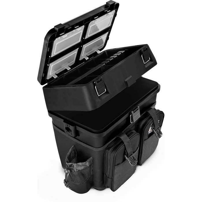 Рибальський чохол-сидіння, рибальський чохол-сидіння, рибальський рюкзак, рибальська сумка, рибальський кейс, рибальський чохол з 4 ящиками для снастей, колір темно-чорний