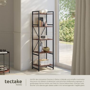 Книжкова полиця tectake Industrial Design, Відкритий стелаж з 5 полицями, Вінтажна окремостояча полиця із захистом від перекидання, Вузька полиця для офісу, вітальні, кухні, 47,5x34,5x151,5 см - Темне дерево в індустріальному стилі, Рустикальний темно-кор
