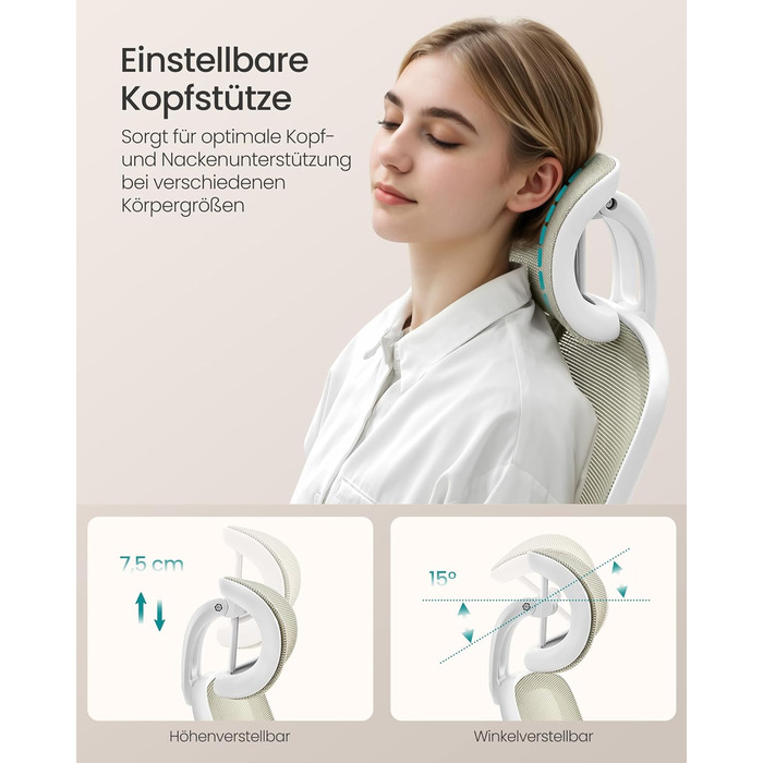 Ергономічне офісне крісло SONGMICS OBN047K01, 53 см, сітка, бежевий капучино