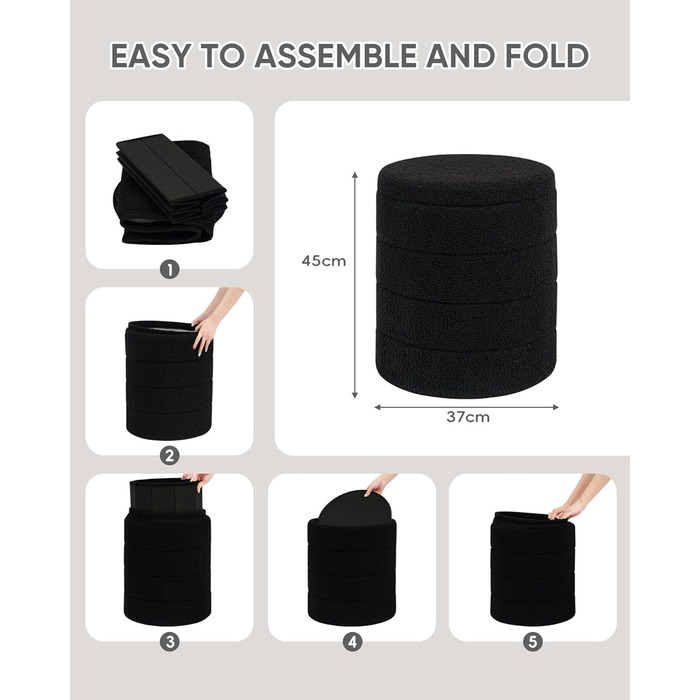 Табурет PINPLUS з місцем для зберігання, кругла коробка для зберігання з кришкою, складна підставка для ніг, м&39який табурет з місцем для зберігання Ø 37x45 см для вітальні, спальні та коридору, чорний 37Г x 37Ш x 45В см