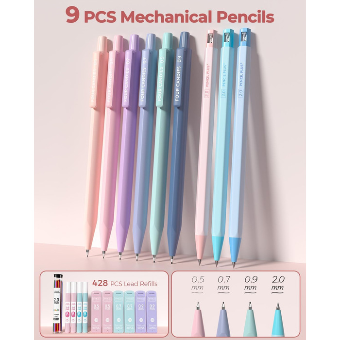 Набір шкільного приладдя Four Candies, 56 шт., естетичне, з пеналом, 6 кольорових кулькових ручок, 12 пастельних маркерів, 5 гелевих ручок з чорним чорнилом, 9 механічних олівців 0,5-2,0 мм (рожевих)