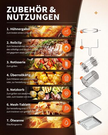 Аерофритюрниця XXL - Мультипіч ZACHVO 15L - 10 програм 1700 Вт з сенсорним LCD екраном - Фритюрниця Фритюрниця Смаження без олії, 7 аксесуарів, на 90 менше жиру - Дегідратор гриля в духовці в чорному Аерофритюрниця