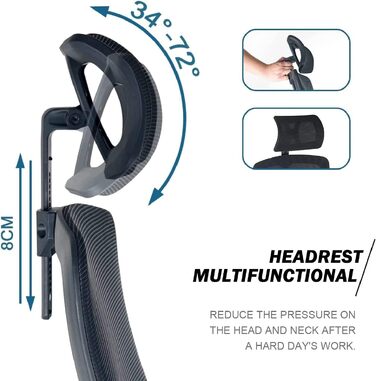 Ергономічне офісне крісло, стілець для роботи, офісне крісло з підголівником, підлокітниками, поперековою опорою, регулюванням висоти, гойданням 90-120, обертовим кріслом, вантажопідйомність 150 кг 01