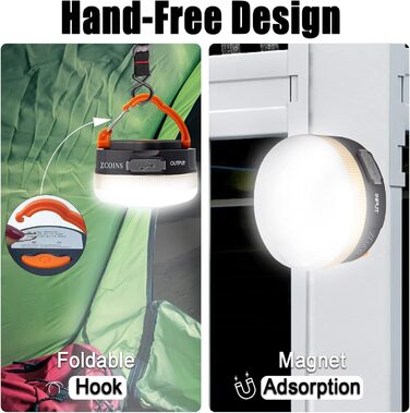 Кемпінгові ліхтарі, світлодіодний ліхтар для намету, що перезаряджається через USB, з магнітною основою, 4 режими з гачком, водонепроникний, портативний для походів та риболовлі, 2