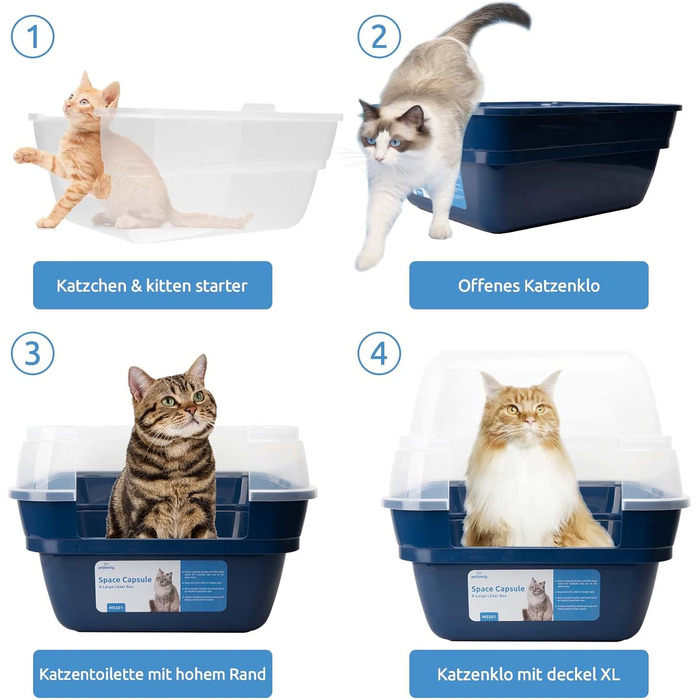 Котячий туалет Petfamily 3-в-1 з кришкою, великий, темно-синій, 55x45x44 см