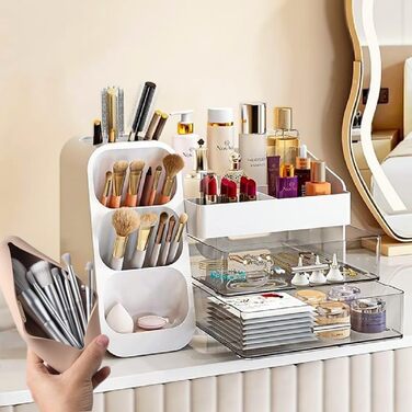 Органайзер для макіяжу преміум-класу з шухлядами містке та безпилове місце для зберігання косметики у вашому туалетному столику великий органайзер для макіяжу коробка для косметичного столика (білий) тримач для пензлів для макіяжу