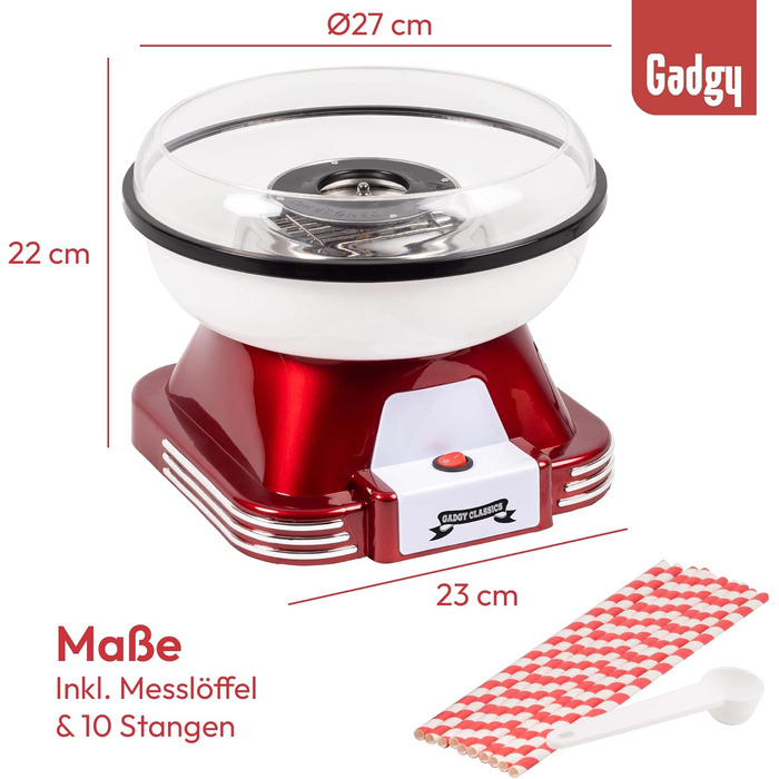 Машина для виробництва солодкої вати Gadgy - Ретро машина для виробництва солодкої вати - Машина для виробництва солодкої вати з паличками для їжі та мірною ложкою - висота 22 см Червоний білий - 500 Вт машина для виробництва солодкої вати для дому