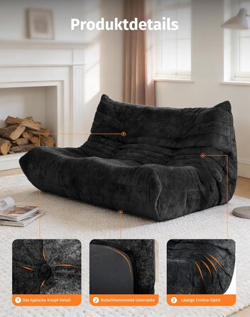 Диван з пінопласту без кісток зручний підлоговий диван з ергономічним дизайном, не потребує складання, диван-мішок для вітальні, спальні, квартири, ігрової кімнати та офісу, чорний двомісний