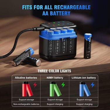 Акумуляторних літієвих батарей із швидким зарядним пристроєм, висока ємність 3600 мВтгод, 1500 циклів зарядки, батарейки типу АА, швидка зарядка 5 В 3 А для нікель-металгідридних та літієвих батарей, вхід типу C, 8