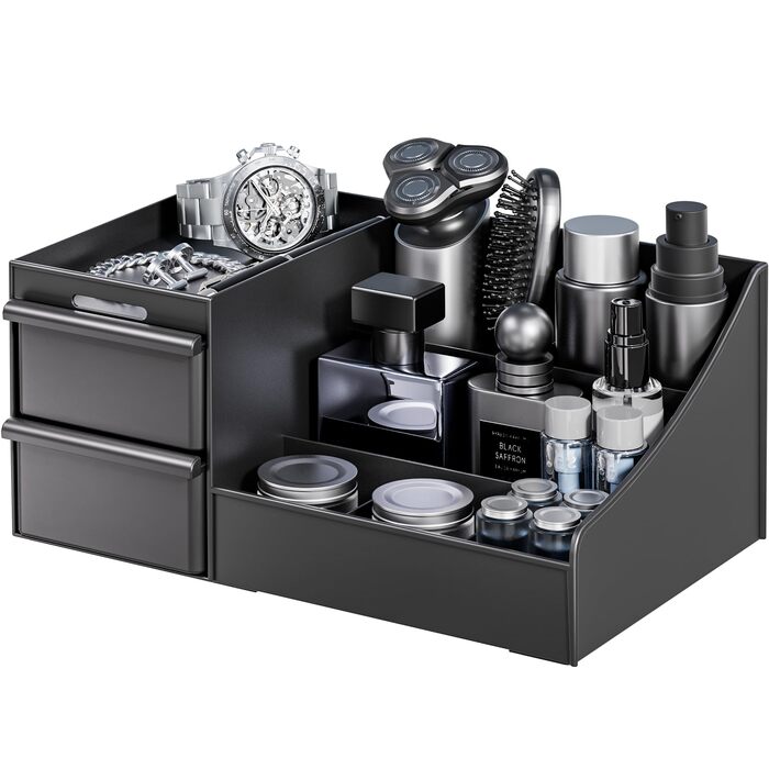 Чорний косметичний органайзер для чоловіків, органайзер для туалетного столика з шухлядами, місце для зберігання косметики та одеколону, скринька для ванної кімнати та спальні (матово-чорний)