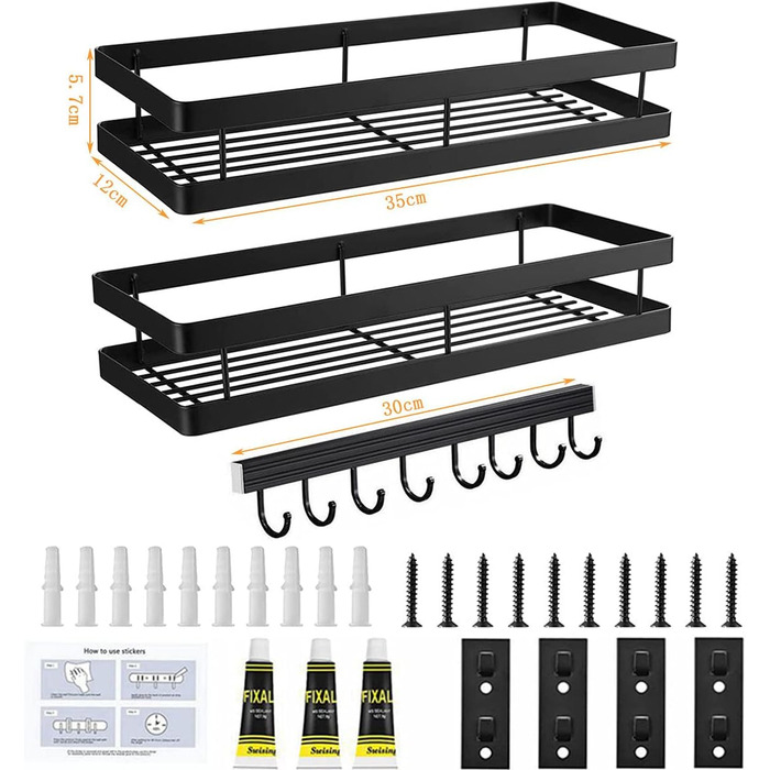Настінна полиця для спецій, не потребує свердління, комплект з 2 шт. з кухонною штангою, підвісна кухонна полиця, полиця для спецій на дверцята шаф, полиця для душу з нержавіючої сталі для кухні, ванної кімнати, балкону, 35 x 12 x 5,7 см, чорна