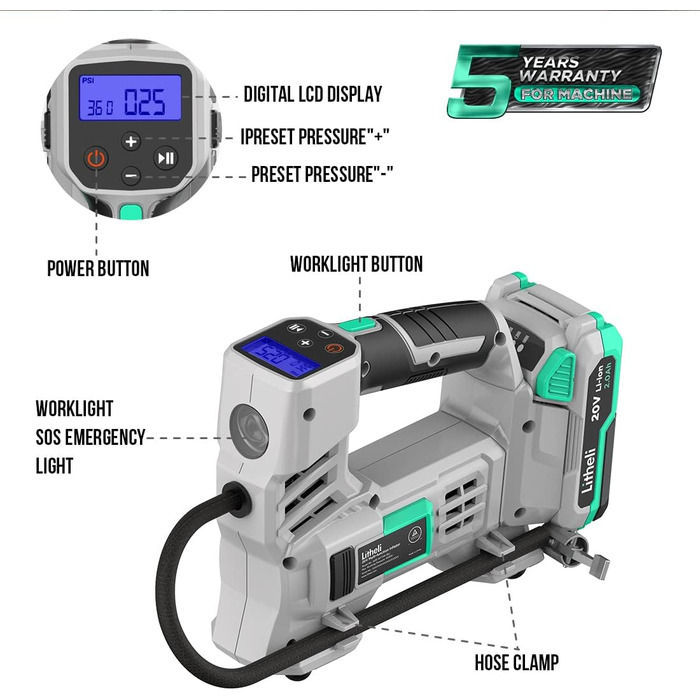 Повітряний компресор Litheli 20 В 10000 мАг, цифровий манометр з живленням від акумулятора, 160 фунтів на квадратний дюйм, портативний насос для автомобільних, велосипедних і спортивних м'ячів (повітряний насос-США)