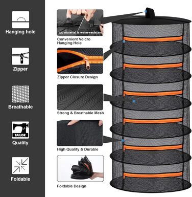 Шарова сітчаста сушарка для підвішування трав, сітка для сушіння з помаранчевими блискавками 6-шарова-60x120см помаранчева, 6-