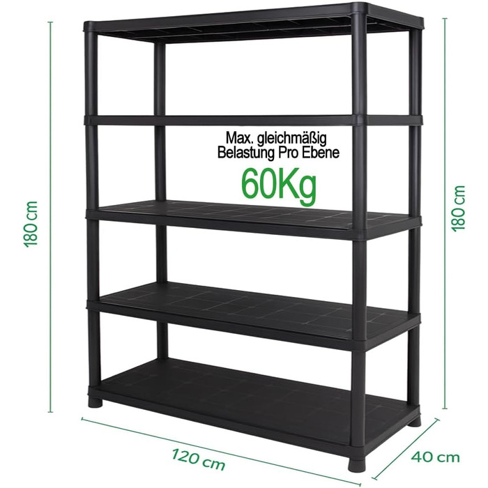 Пластиковий стелаж Ondis24 антрацитового кольору, 120 x 40 x 180 см міцний стелаж без болтів з 5 полицями, 60 кг на полицю полиця для зберігання, полиця для підвалу, полиця для майстерні, полиця для зберігання в гаражі та коморі