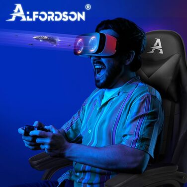 Крісло для відеоігор ALFORDSON, ергономічне офісне крісло, масажне гоночне крісло, висувна підставка для ніг, шкіра штучна, регулювання висоти та нахилу, вантажопідйомність 180 кг, чорний колір Vogler - чорний