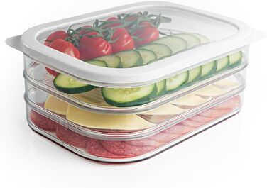Контейнери для зберігання продуктів з кришками Тришарові контейнери для нарізок, овочів та фруктів 4 шт. Органайзер для холодильника Штабельовані та герметичні, Білий/Прозорий