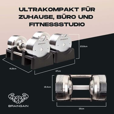Регульований набір гантелей BRAINGAIN (23,5 кг / 32,5 кг / 41,5 кг), хром, 2 x 41,5 кг