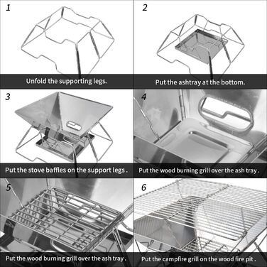 Портативний гриль на деревному вугіллі Tentock, гриль для пікніка, кемпінговий складаний гриль, нержавіюча сталь, відкритий плоский гриль для барбекю, вітрозахисний кемпінговий гриль з сумкою для перенесення для саду, походів, пікніка, риболовлі, срібляст