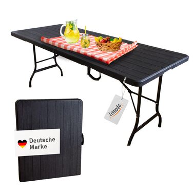 Розкладний стіл Lemodo 180 x 75 см Складаний садовий та фуршетний стіл до 150 кг, міцний стіл для вечірок з всепогодного чорного дерева, компактне зберігання у вигляді валізи з ручкою для перенесення, дерево/чорний