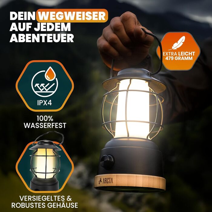 Акумуляторний світлодіодний кемпінговий ліхтар ARCTA Ретро-кемпінговий ліхтар з батареєю Водонепроникний IPX4 Регульований зовнішній ліхтар 20-450 лм Кемпінговий ліхтар для намету, саду, кемпінговий ліхтар та світлодіодний ліхтар USB-портативний зарядний 