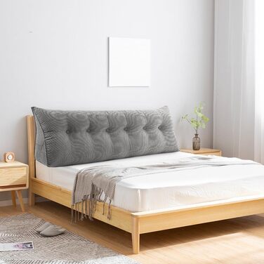 Подушка для спини OHMG 180 см, подушка для читання для ліжка та дивана, практична бічна кишеня, знімний чохол, клиноподібна подушка, настінна спинка, подушка сидіння, настінна подушка, подушка для спинки ліжка сірого кольору 180*50*20 см