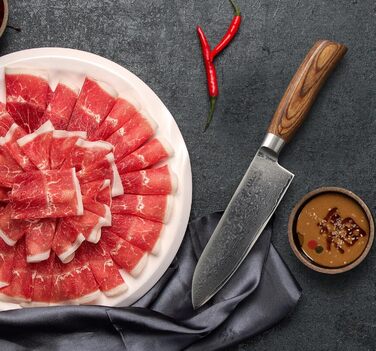 Дамаський ніж Wakoli EDIB Pro Santoku Лезо 16 см I висока продуктивність різання Стійкі та довговічні леза 67 шарів дамаської сталі ергономічна дерев'яна ручка пакка I унікального дизайну