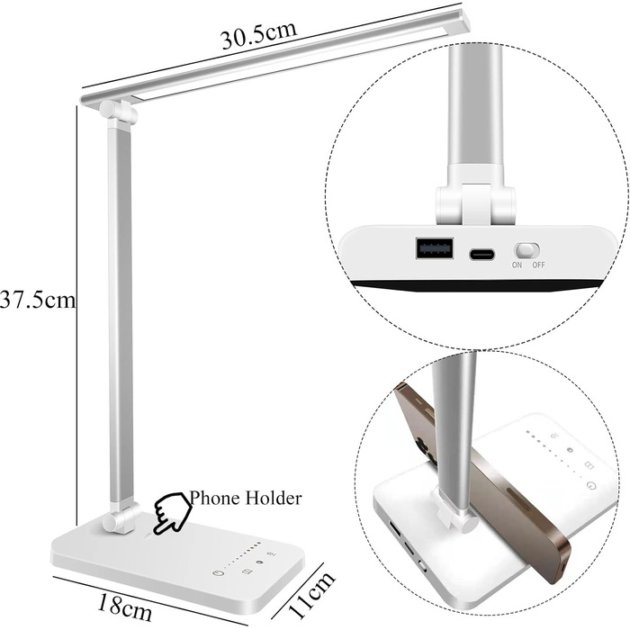 Настільна лампа Qualore, світлодіодна настільна лампа з регулюванням яскравості з 5 рівнями яскравості, 5 кольорів, USB-порт, автомобільний таймер, сенсорна панель, функція пам'яті, безпечна для очей приліжкова лампа для дітей дівчинки Адаптер включає в с