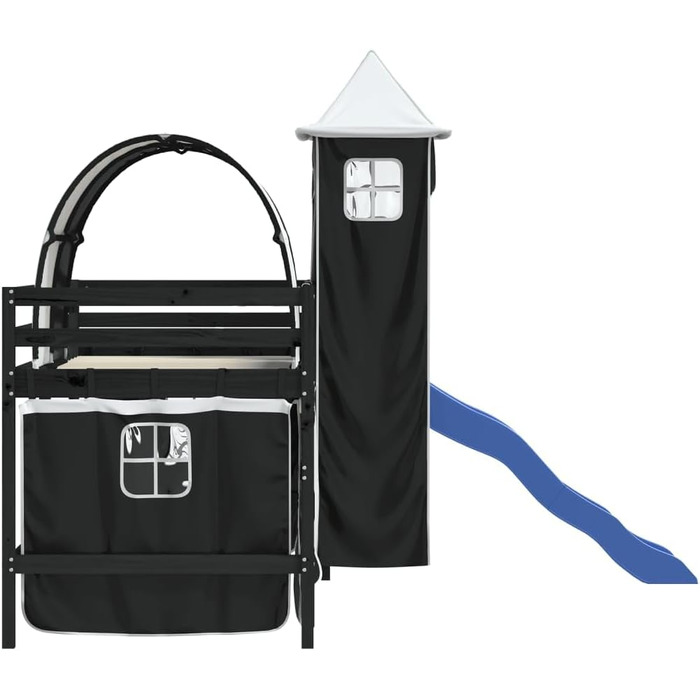 Меблі для дому Інструменти Дитяче ліжко-горище з вежею, біло-чорне, 90 x 200 см, масив дерева, сосна