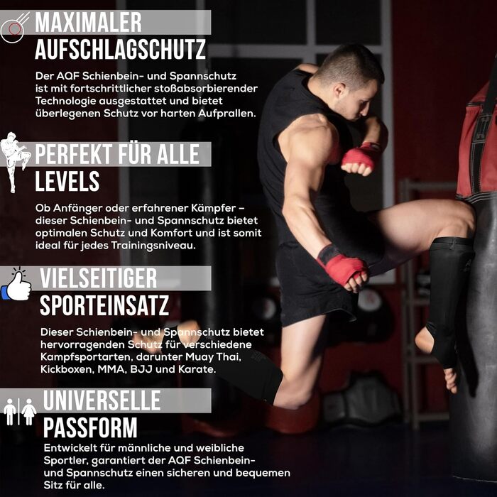 Щитки для гомілок AQF для кікбоксингу - CE UKCA SATRA, схвалені для муай-тай - захисні щитки з EVA-підкладкою для MMA, підтримка ніг, щитки для гомілок для карате, бойових мистецтв, розмір M, чорний