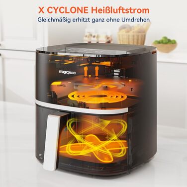 Фритюрниця magicplux 5.5 л XXL, фритюрниця 1500 Вт з 13 попередньо запрограмованими, з цифровим світлодіодним сенсорним екраном, технологія рівномірного нагрівання X CYCLONE AIR, з 21 рецептом, можна мити в посудомийній машині, чорний без вікон