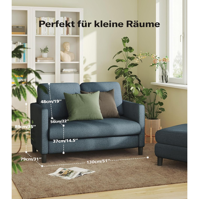 Невеликий 2-місний диван, міні-диван 130 см, затишний маленький диван для кімнати підлітка, складання міні-диванів без інструментів, 2-місні дивани та кушетки з масиву дерева, маленькі дивани для вітальні, синій/сірий, 130 см