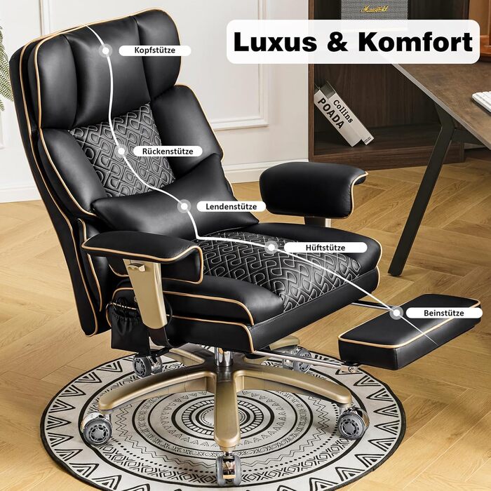 Ергономічне офісне поворотне крісло Hellove з пневматичною поперековою опорою, стілець зі штучної шкіри з підставкою для ніг, функцією нахилу та повороту, шумопоглинаючі колеса, чорний колір